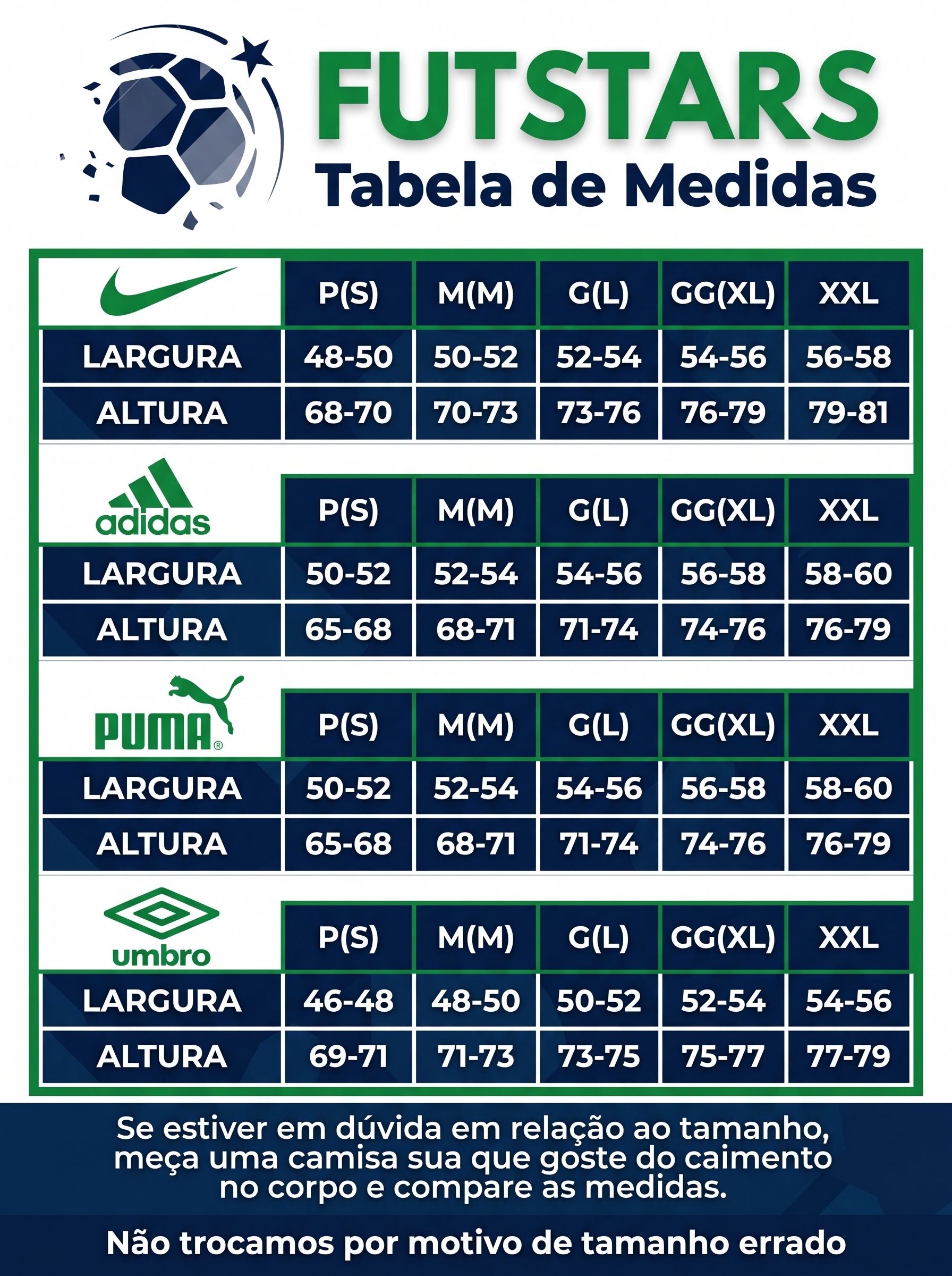 Tabela de medidas e guia de tamanhos Fut Stars camisa de time